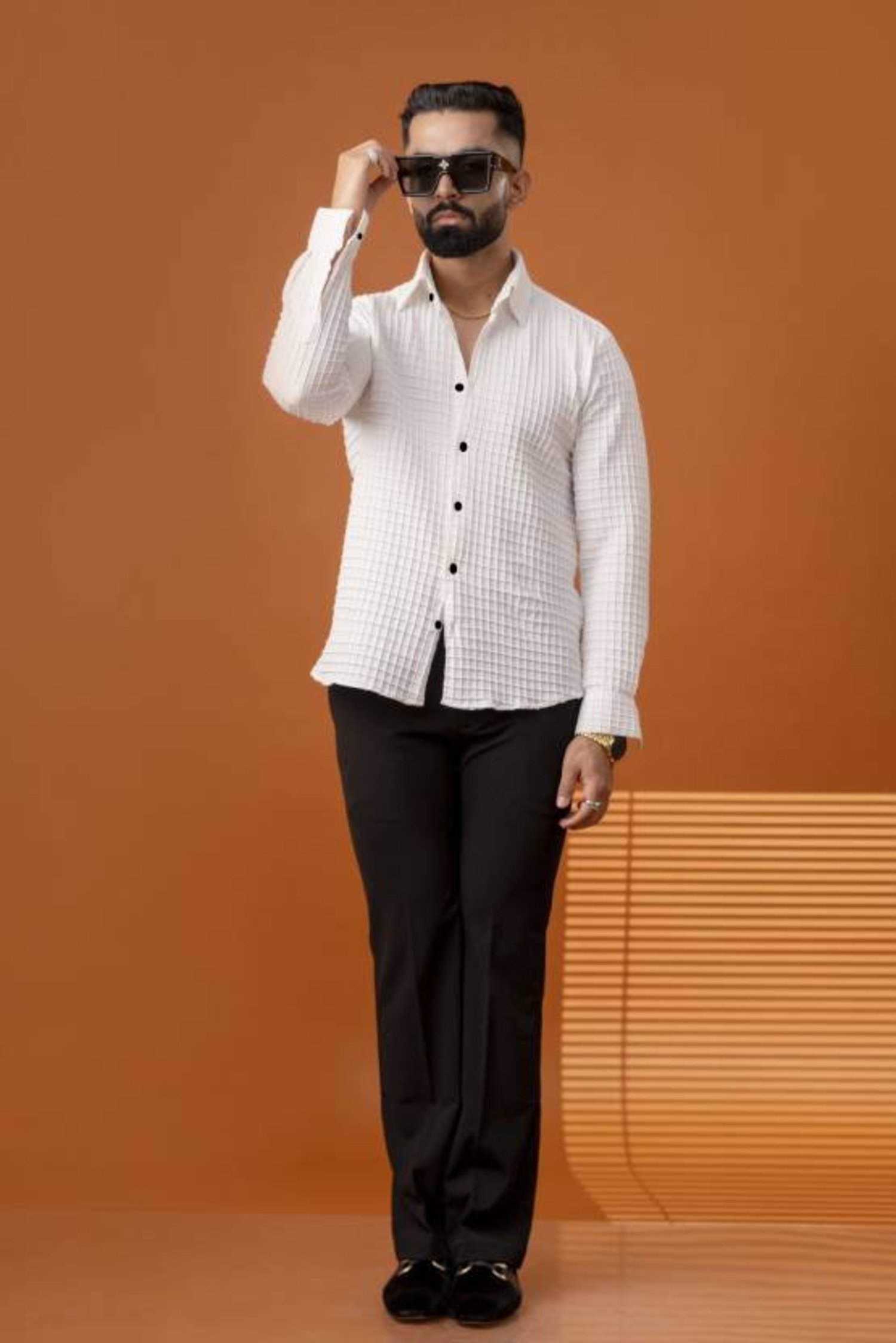 BLUECORP ENTERPRISE Men's White Textured Cotton Shirt, Quilted Pattern, Button-Down Collar, Full Sleeves