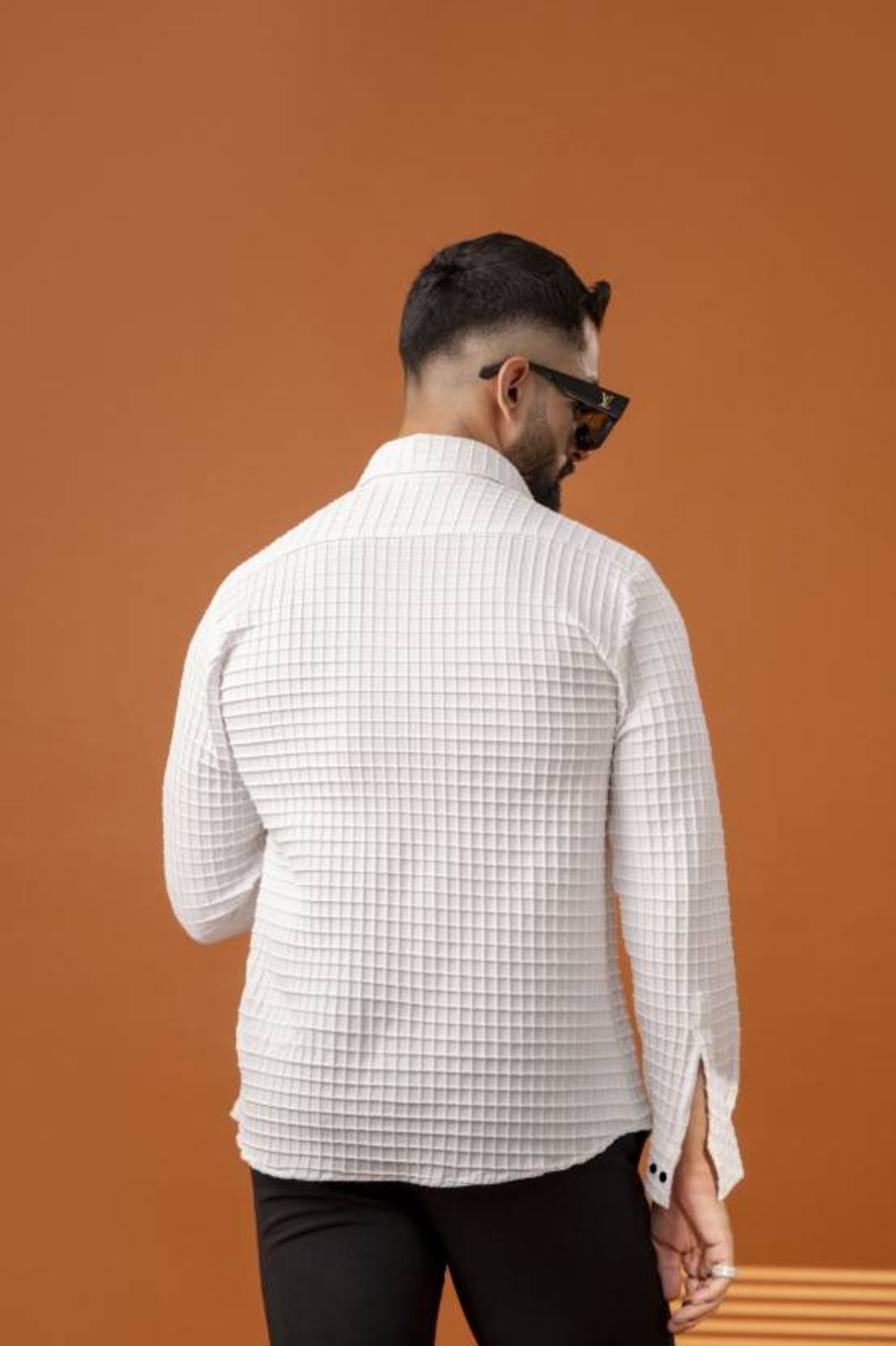 BLUECORP ENTERPRISE Men's White Textured Cotton Shirt, Quilted Pattern, Button-Down Collar, Full Sleeves