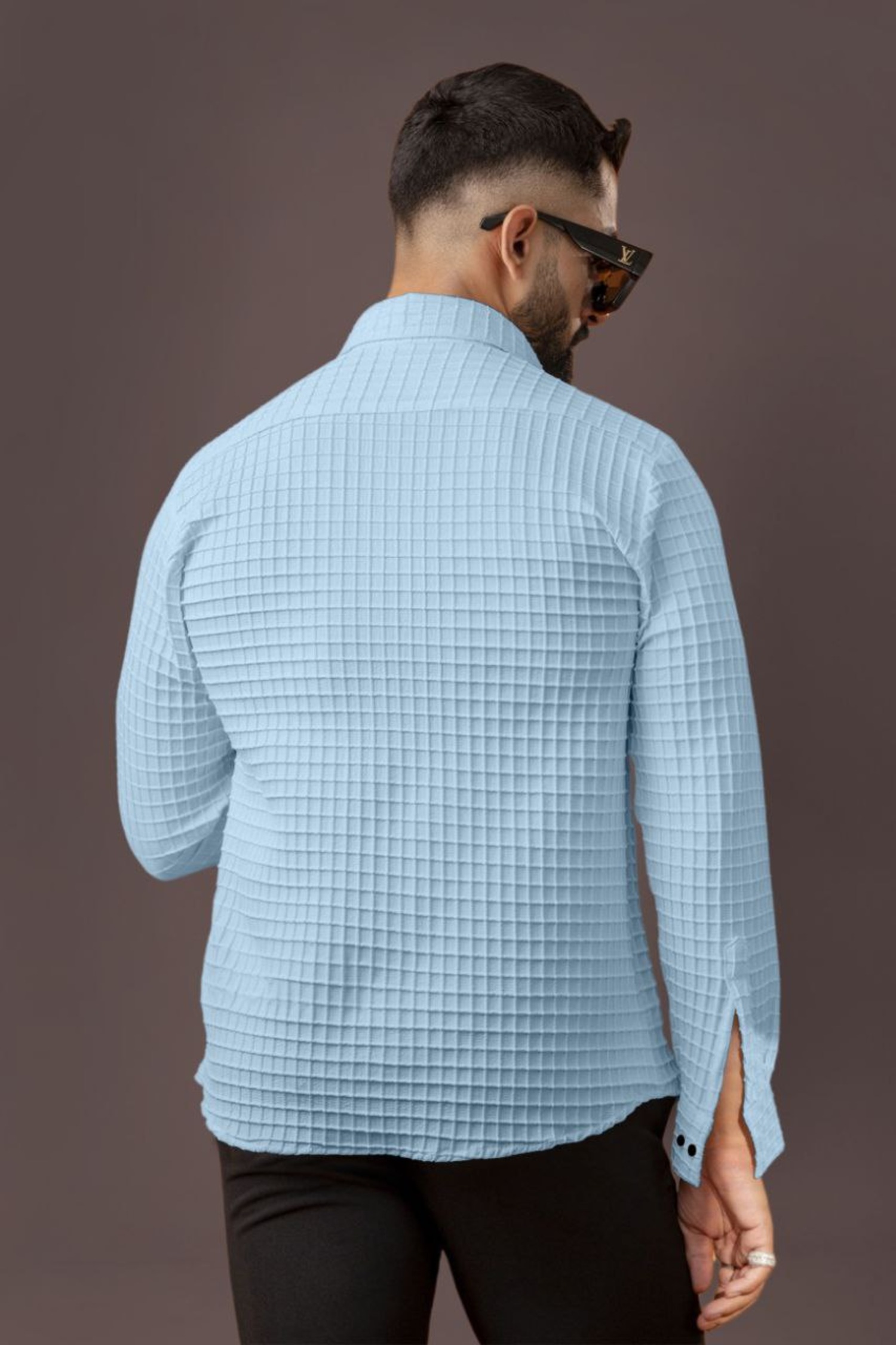 BLUECORP ENTERPRISE Men's Textured Cotton Button-Down Shirt, Sky Blue, Long Sleeve, Quilted Pattern