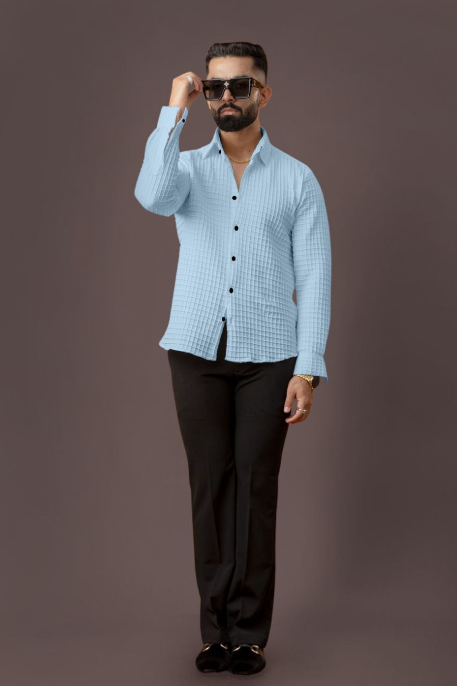 BLUECORP ENTERPRISE Men's Textured Cotton Button-Down Shirt, Sky Blue, Long Sleeve, Quilted Pattern