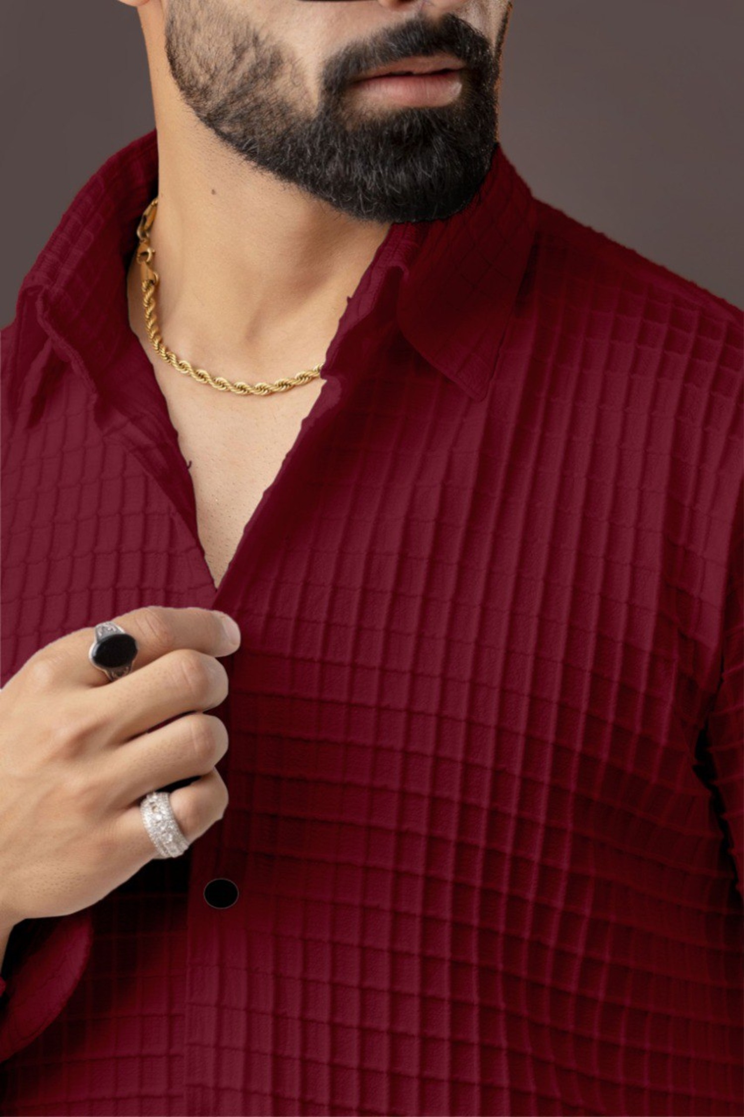 BLUECORP ENTERPRISE Men's Burgundy Quilted Button-Down Shirt, Long Sleeve, Maroon Textured Cotton