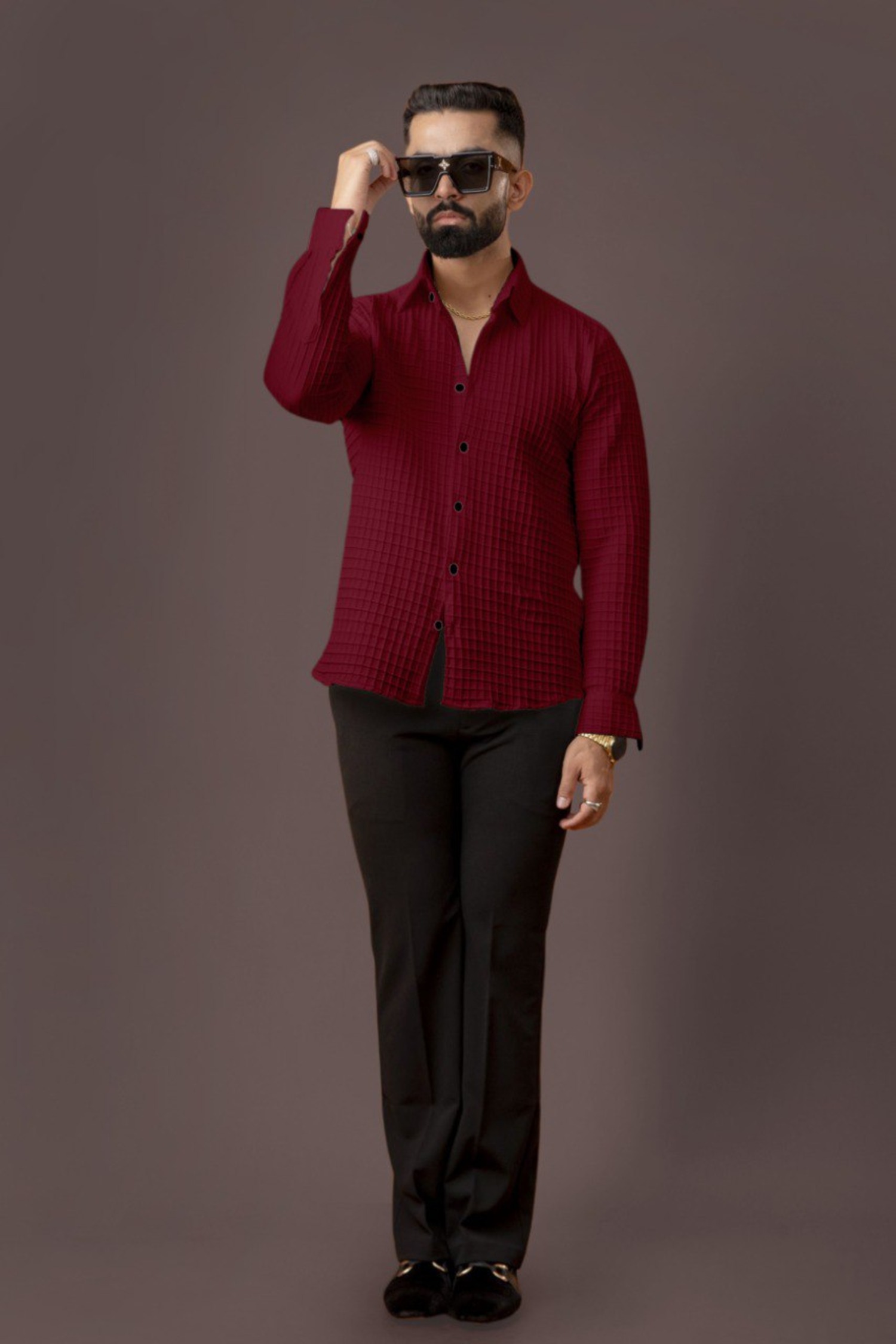 BLUECORP ENTERPRISE Men's Burgundy Quilted Button-Down Shirt, Long Sleeve, Maroon Textured Cotton