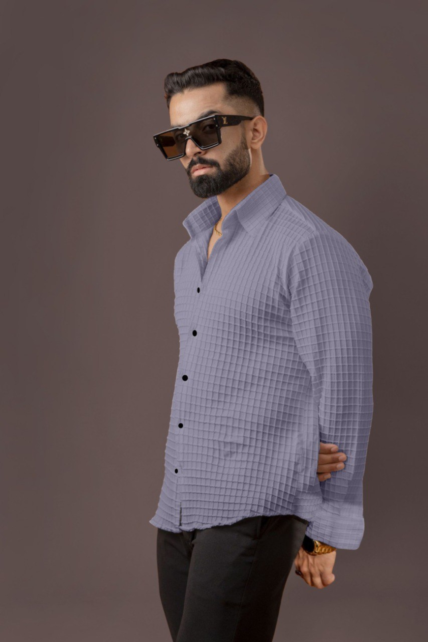 BLUECORP ENTERPRISE Men's Textured Cotton Shirt, Grey, Button-Down Collar, Long Sleeve