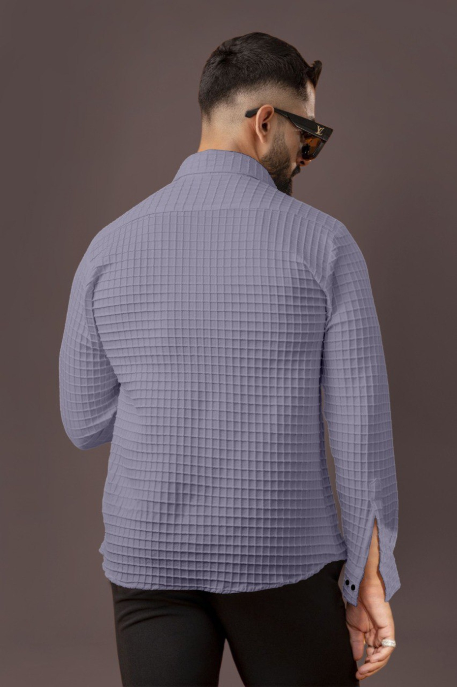 BLUECORP ENTERPRISE Men's Textured Cotton Shirt, Grey, Button-Down Collar, Long Sleeve