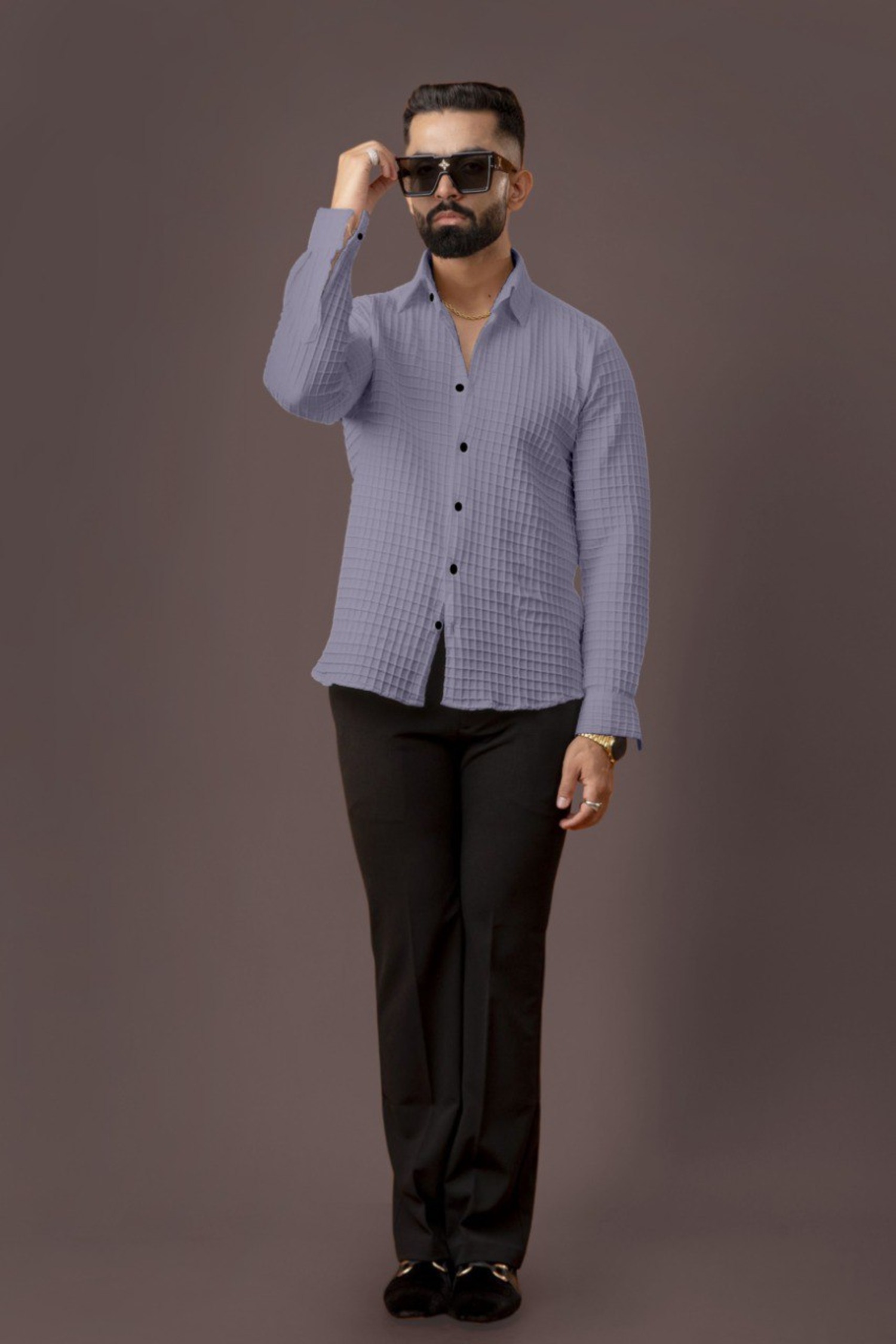 BLUECORP ENTERPRISE Men's Textured Cotton Shirt, Grey, Button-Down Collar, Long Sleeve