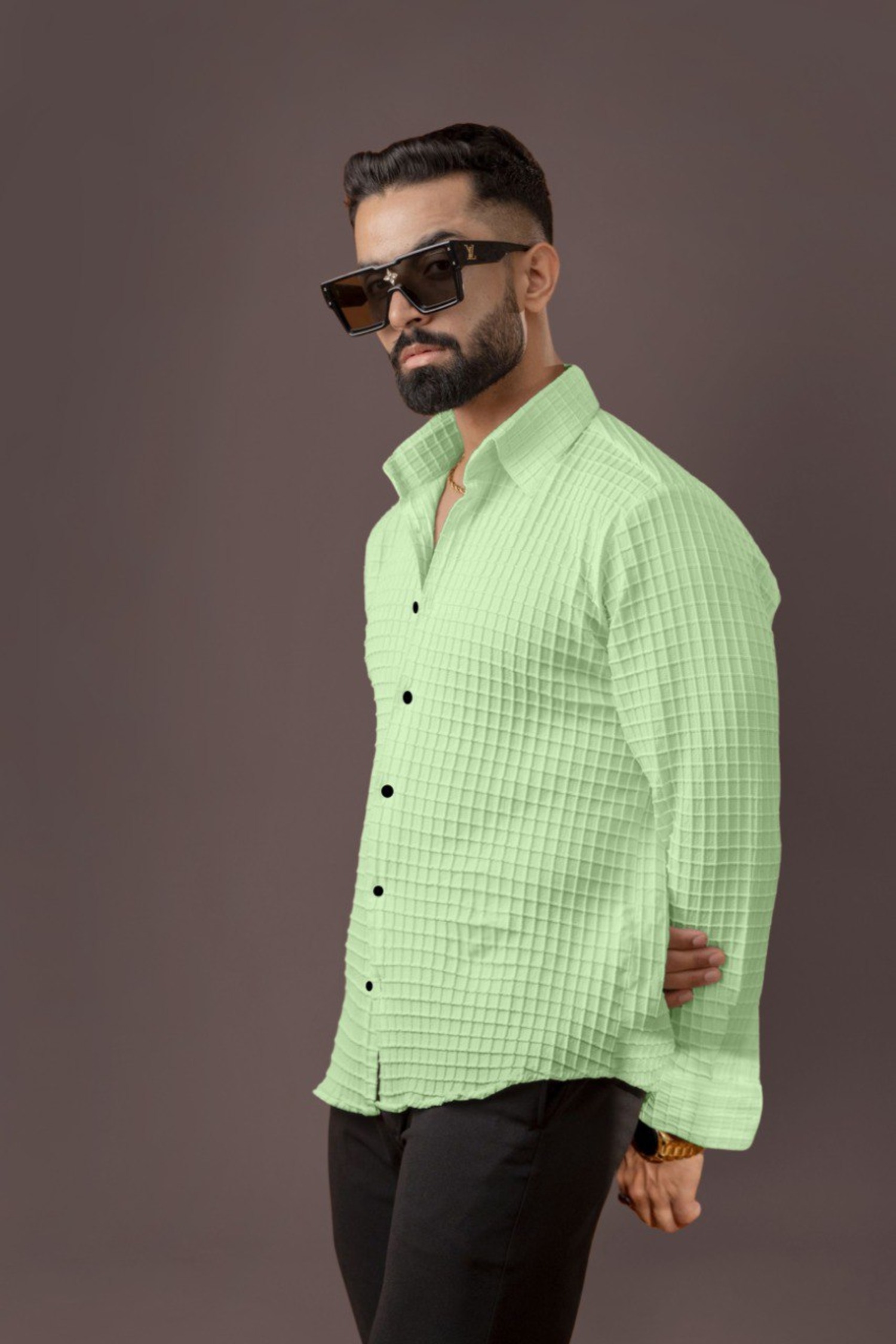 BLUECORP ENTERPRISE Men's Textured Cotton Shirt, Mint Green, Long Sleeve, Button-Down Collar