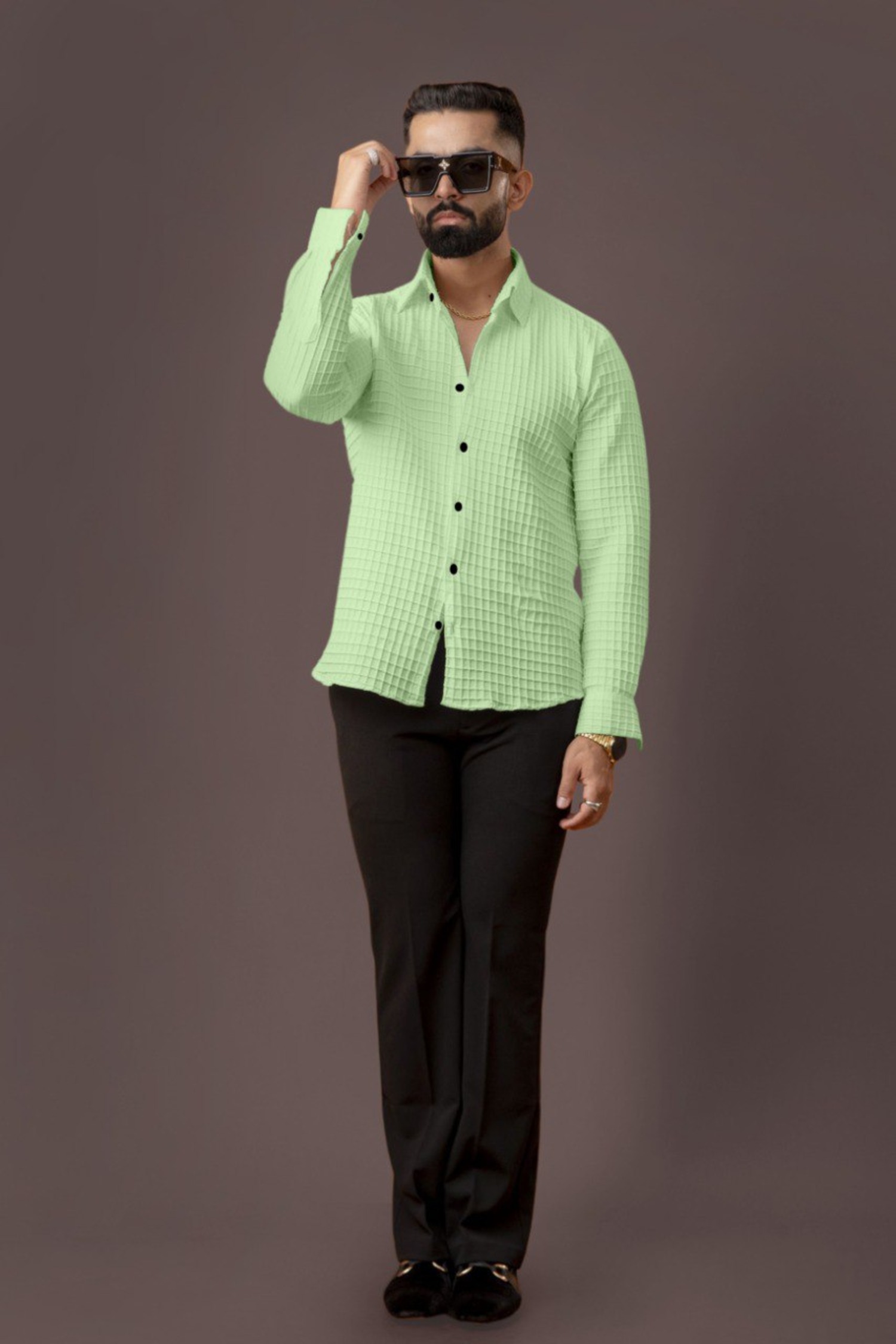 BLUECORP ENTERPRISE Men's Textured Cotton Shirt, Mint Green, Long Sleeve, Button-Down Collar