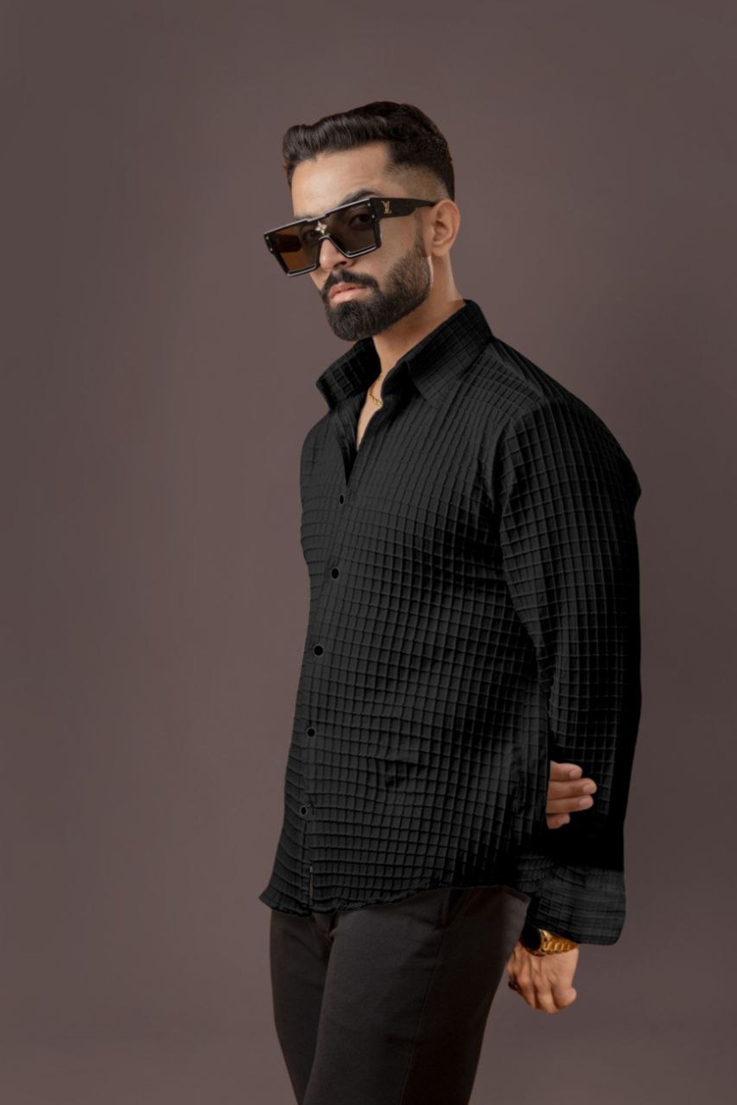 BLUECORP ENTERPRISE Men's Black Quilted Button-Down Shirt, Long Sleeve, Textured Cotton