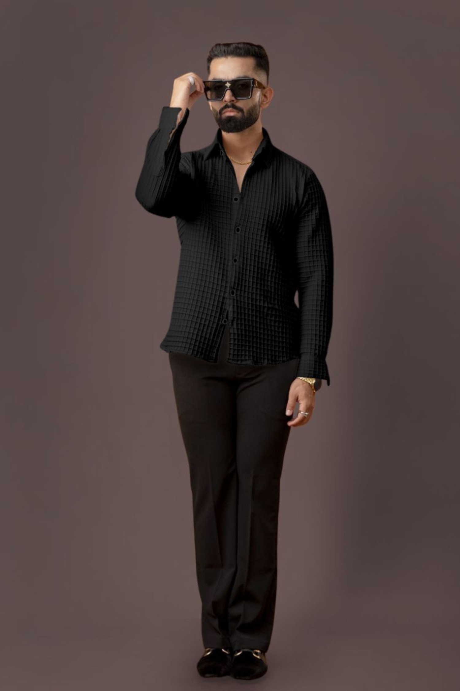 BLUECORP ENTERPRISE Men's Black Quilted Button-Down Shirt, Long Sleeve, Textured Cotton