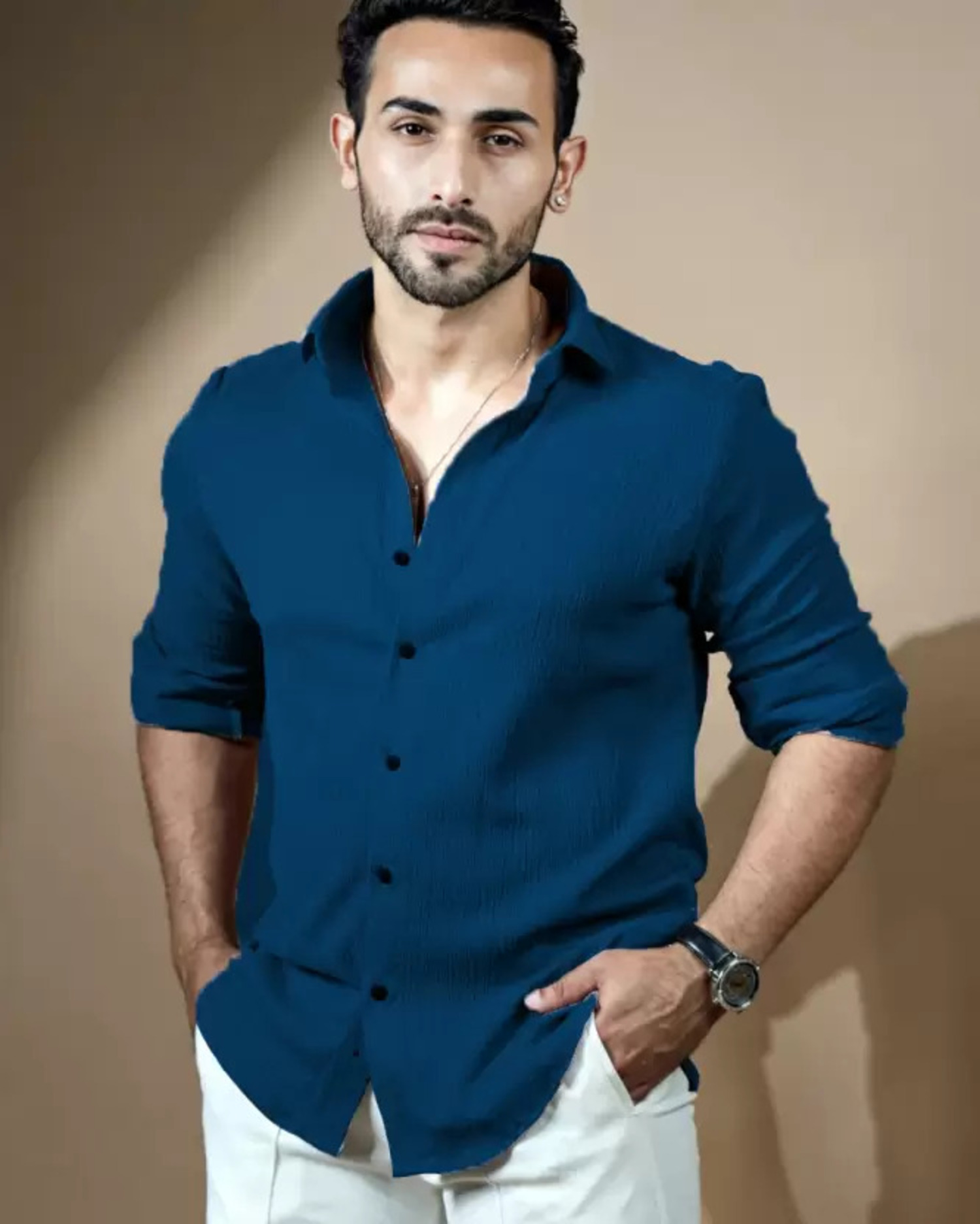 Men's Casual Slim Fit Textured Navy Blue...