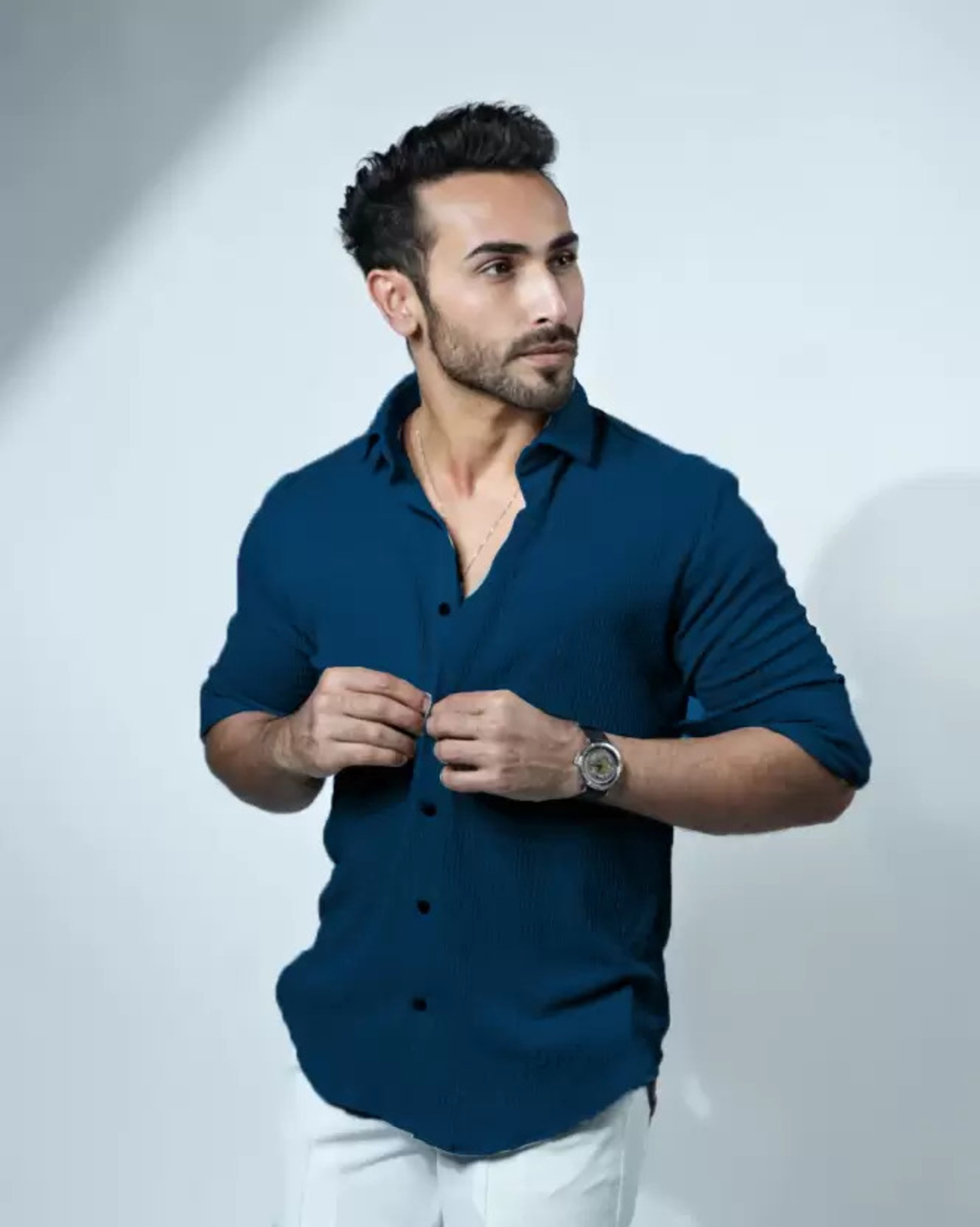 Men's Casual Slim Fit Textured Navy Blue Shirt – Full Sleeve, Button-Down