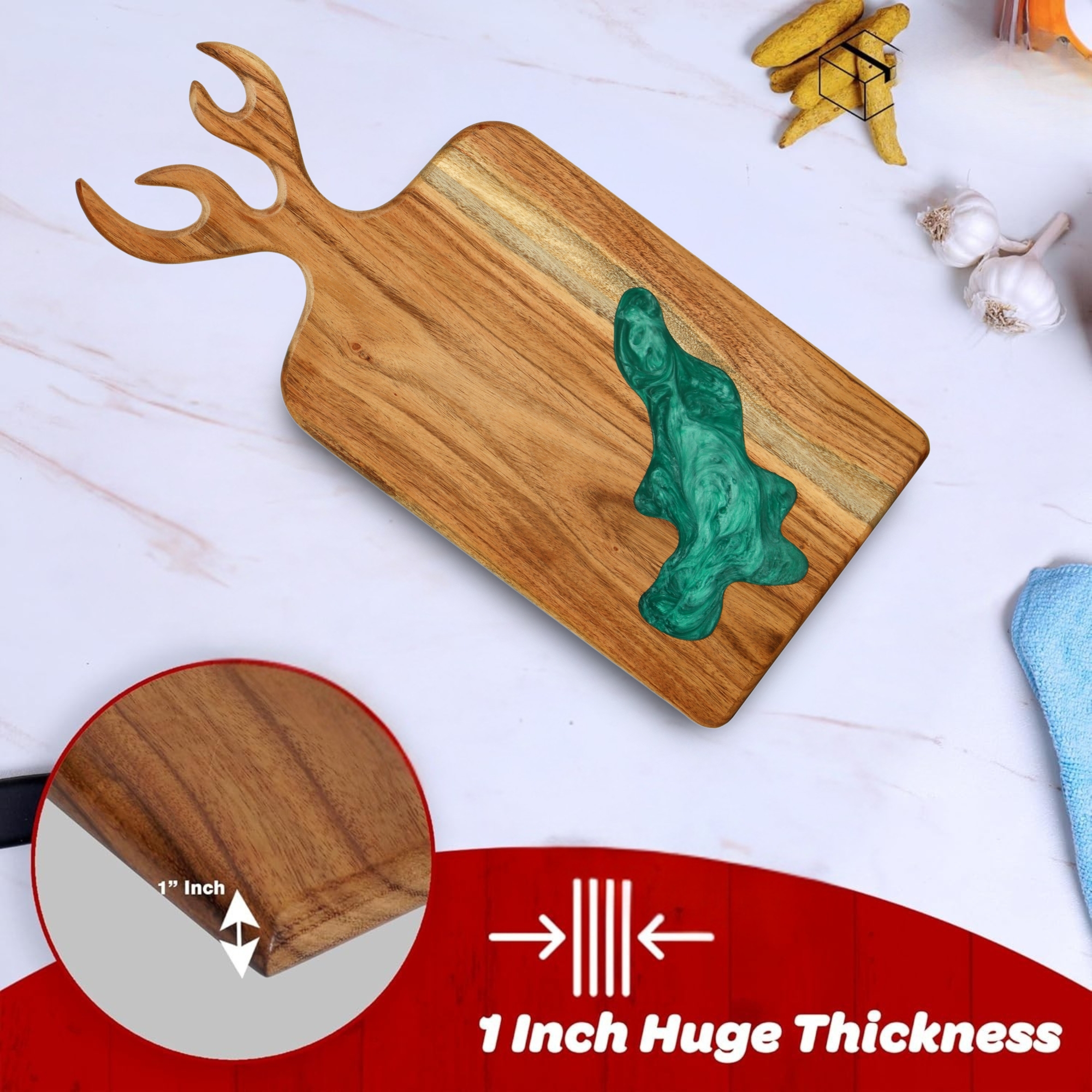 Decorative Acacia Wooden Cutting Board with Antler Handle