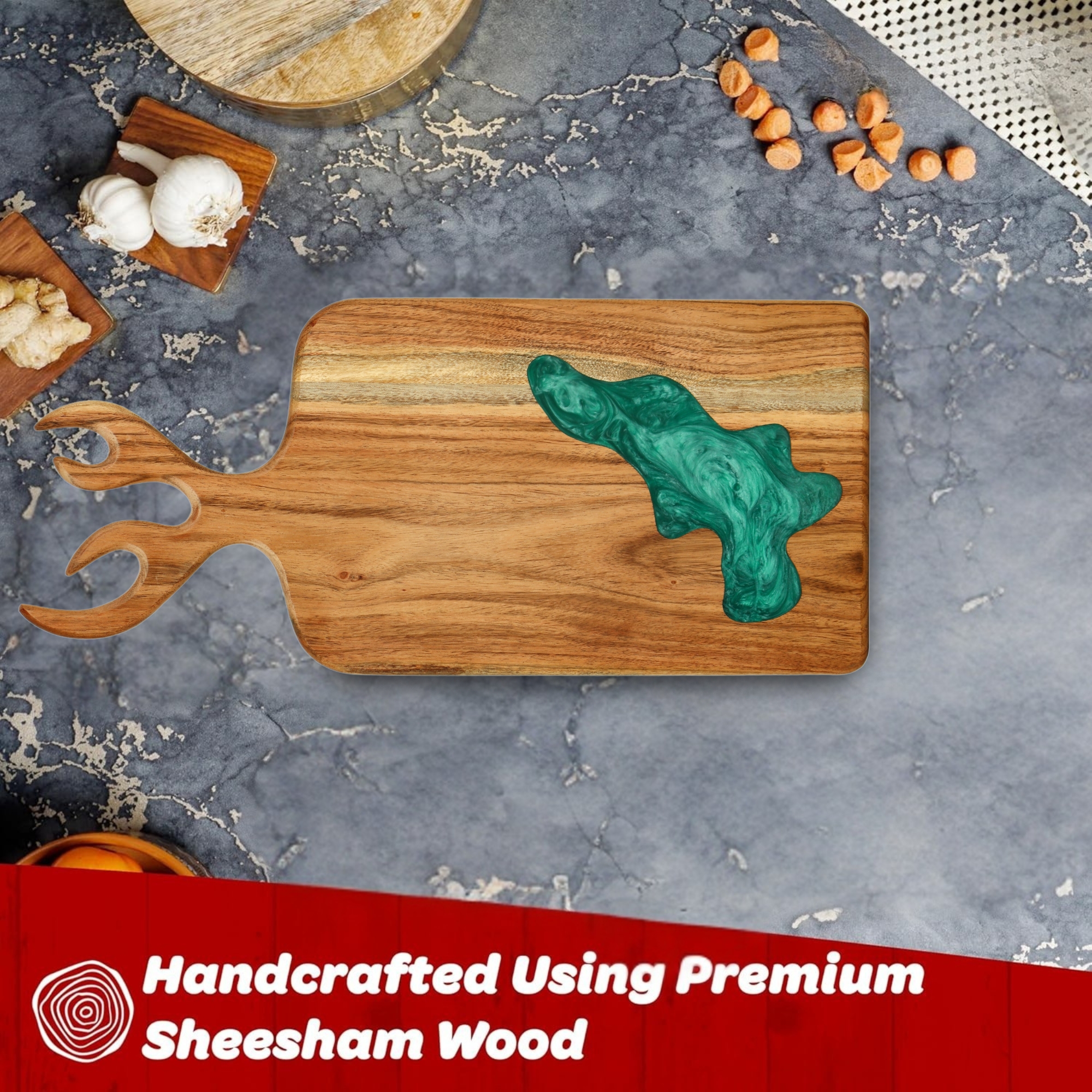 Decorative Acacia Wooden Cutting Board with Antler Handle