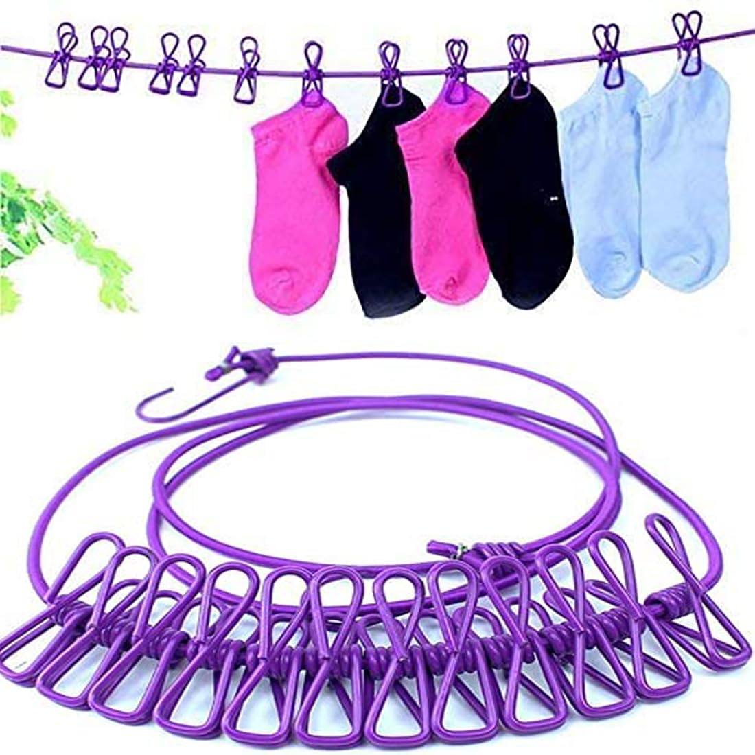 Stretchable Clothesline Rope with 12 Clo...