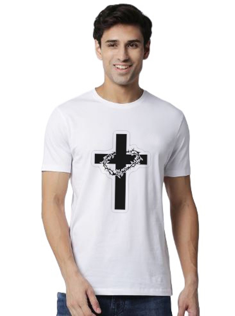 Jesus Christ Cross Graphic Printed White Round Neck Half Sleeves Polyester T-shirt for Men | Christian Religious Faith Design | Casual Wear