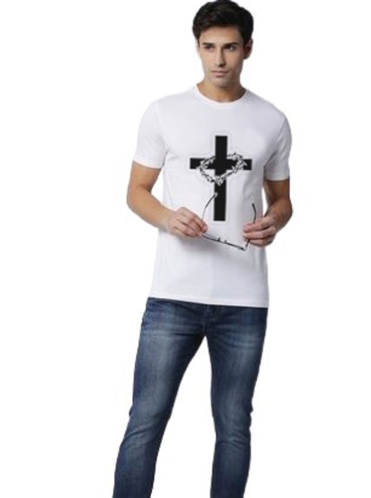 Jesus Christ Cross Graphic Printed White Round Neck Half Sleeves Polyester T-shirt for Men | Christian Religious Faith Design | Casual Wear