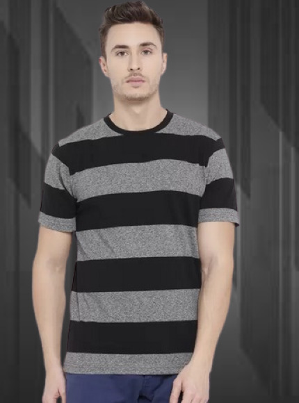 Men's Premium Poly Cotton Black & Grey Striped Half Sleeve T-Shirt | Stylish Casual Wear Round Neck Tee
