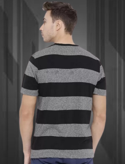 Men's Premium Poly Cotton Black & Grey Striped Half Sleeve T-Shirt | Stylish Casual Wear Round Neck Tee