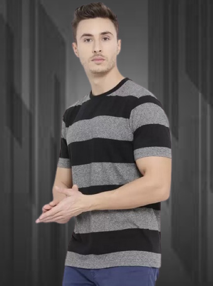 Men's Premium Poly Cotton Black & Grey Striped Half Sleeve T-Shirt | Stylish Casual Wear Round Neck Tee