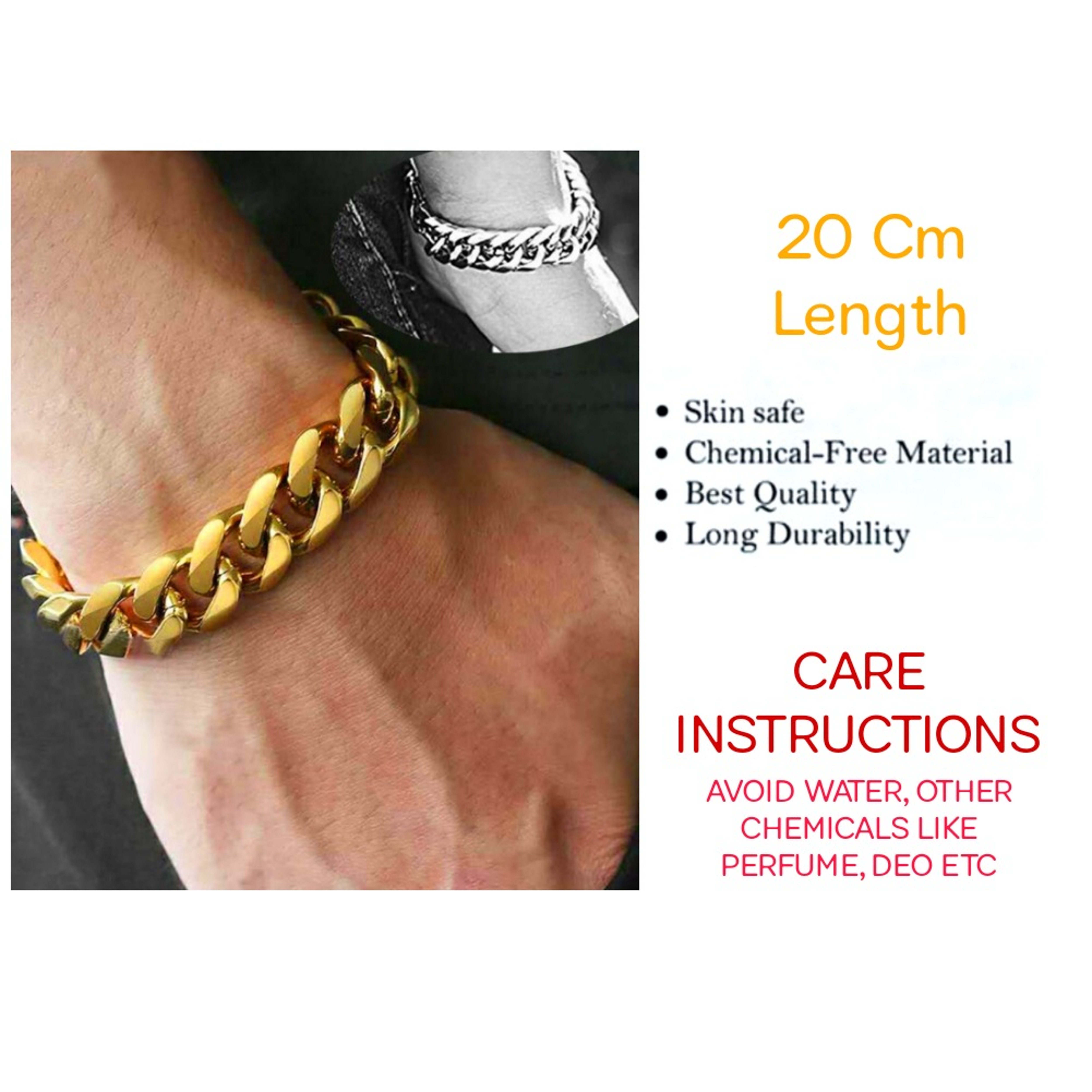Evordlss Golden Curb Chain Bracelet, 20 cm Length, Gold Plated, for Men & Boys (Pack of 1)