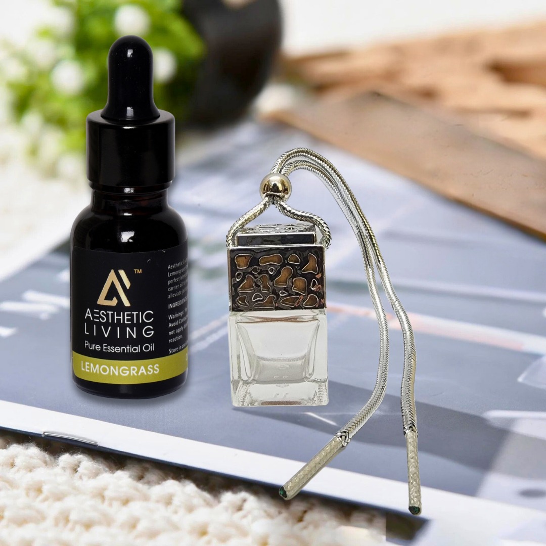 Square Gold Silver Car Diffuser Bottle Oil Combo Lemongrass