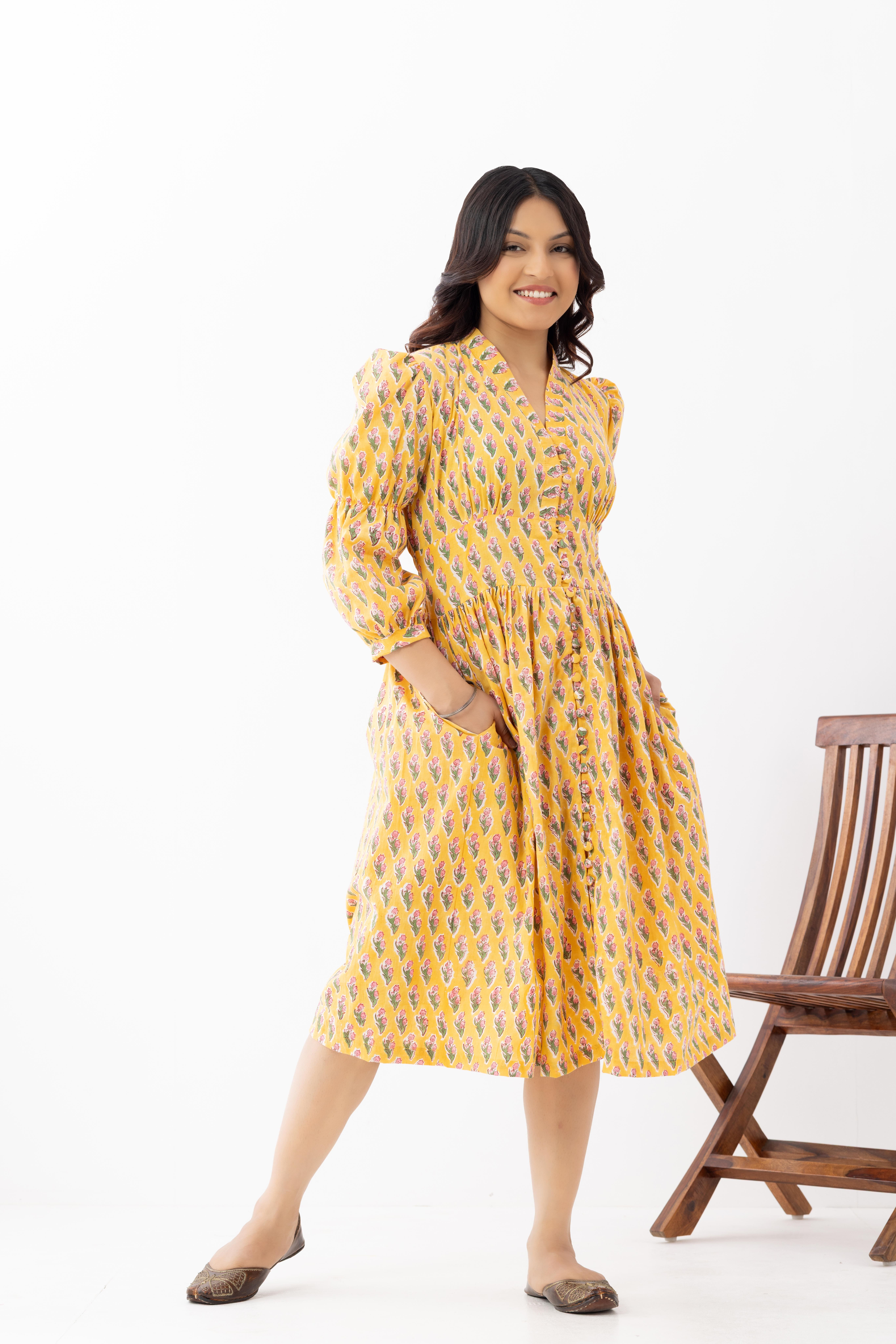 Mustard Yellow Floral Fit & Flare Midi D...