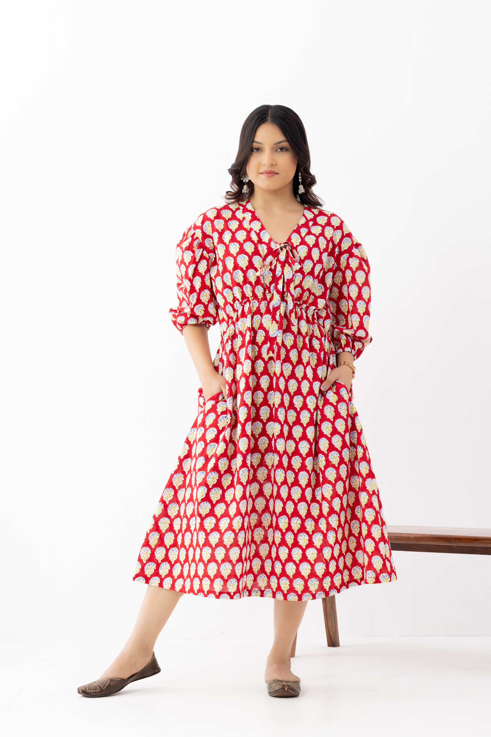Bold Red Ethnic Printed Gathered Midi Dr...