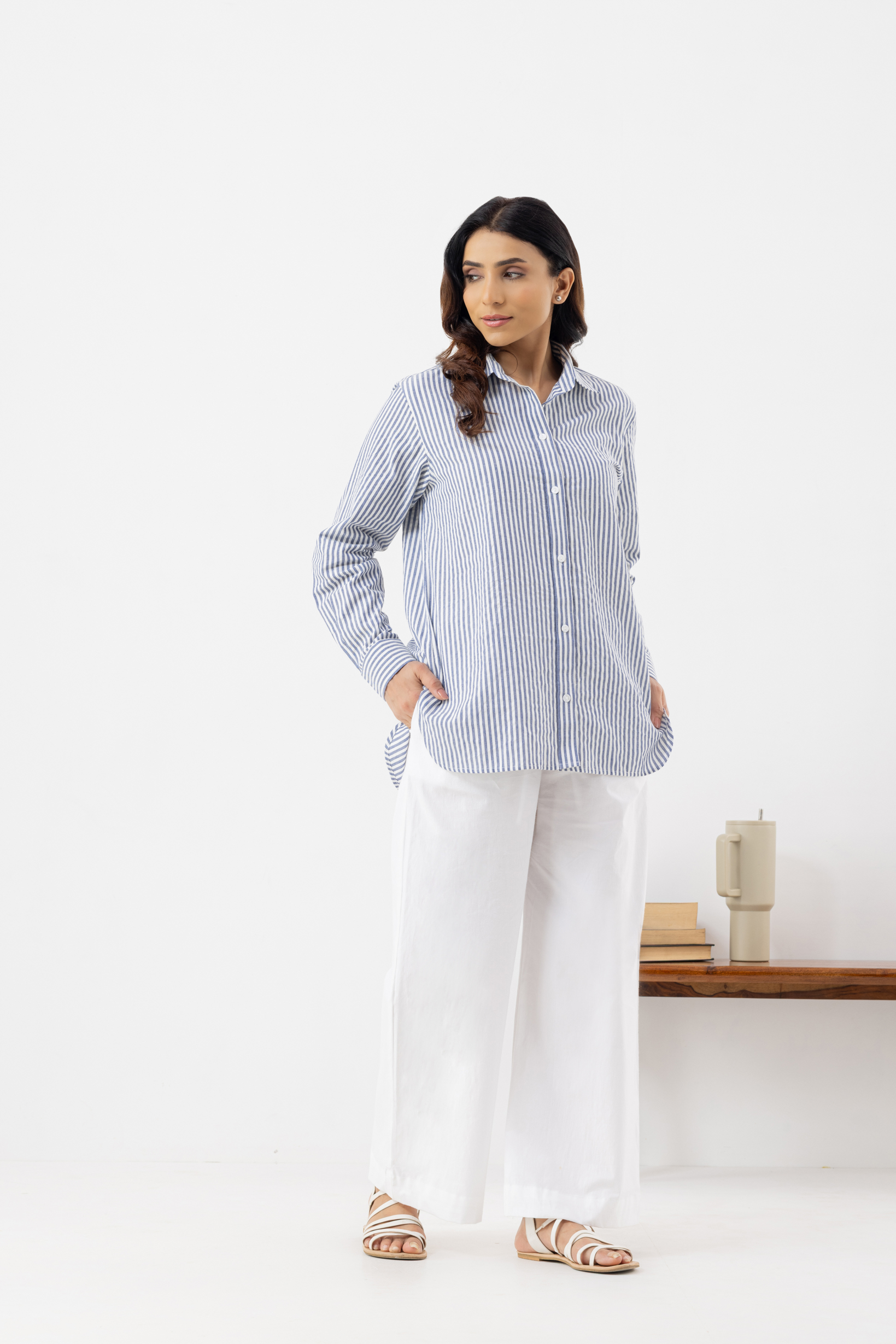 Women’s Abstract Striped Blue Linen Shir...