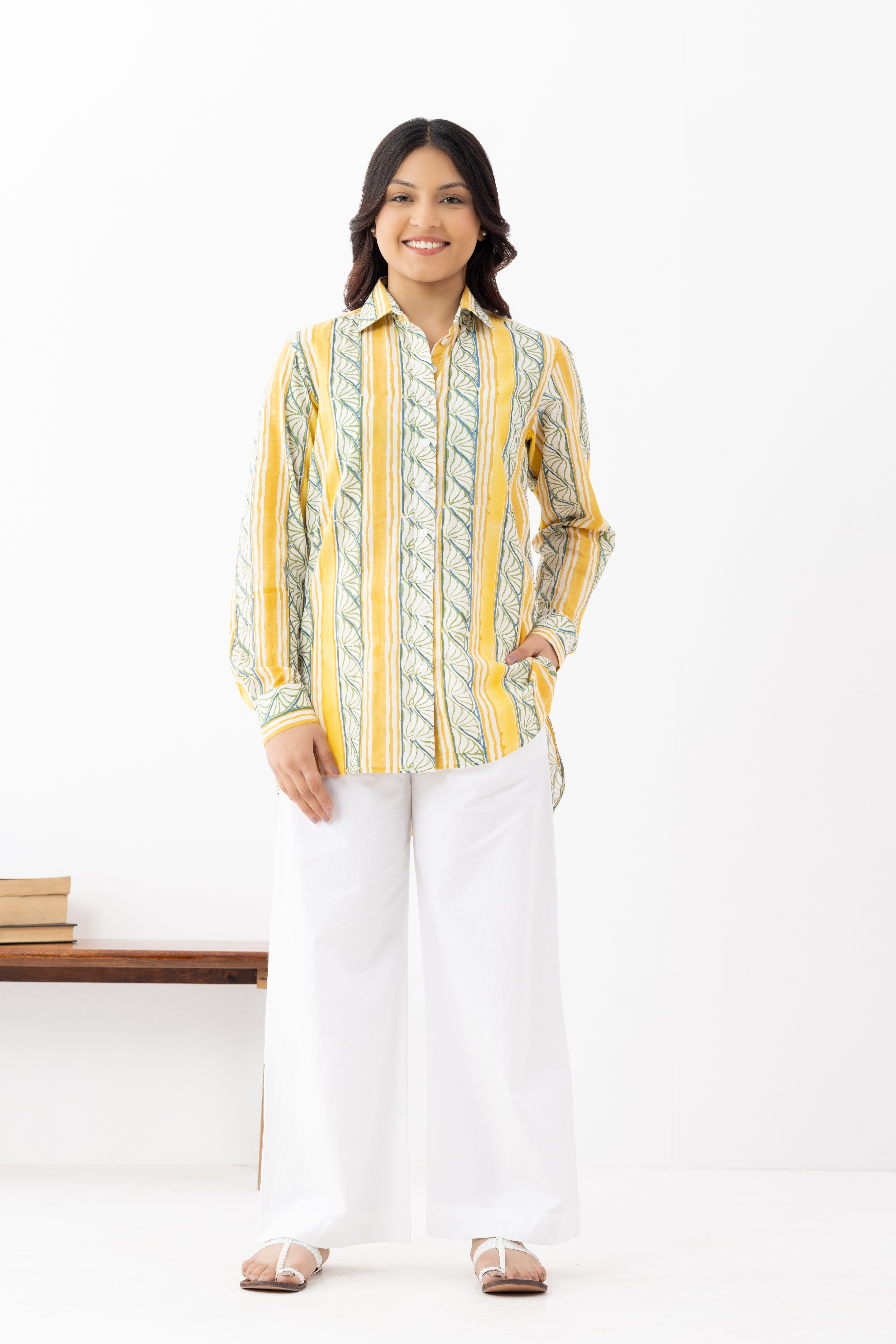 Women's Yellow & White Striped Cotton Sh...