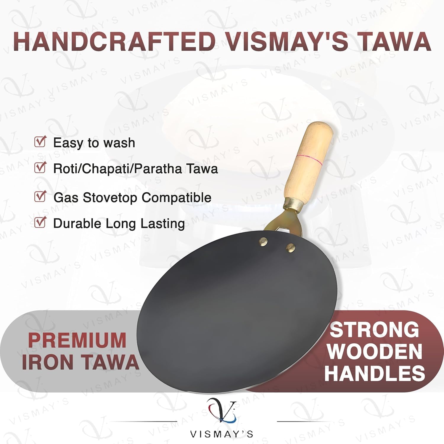 Vismays Smooth Edge Pure Iron Tawa Wooden Handle Roti