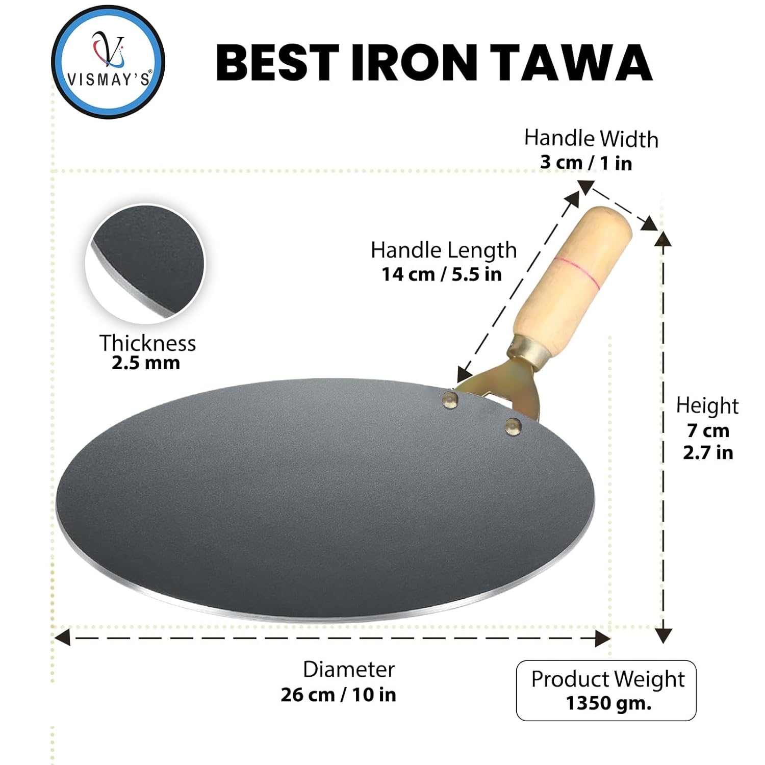 Vismays Smooth Edge Pure Iron Tawa Wooden Handle Roti