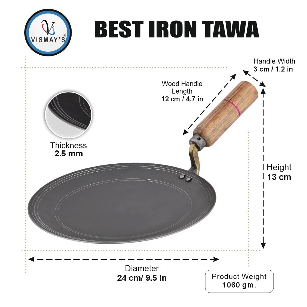 Vismays Smooth Edge Pure Iron Tawa Strong Wooden Handle