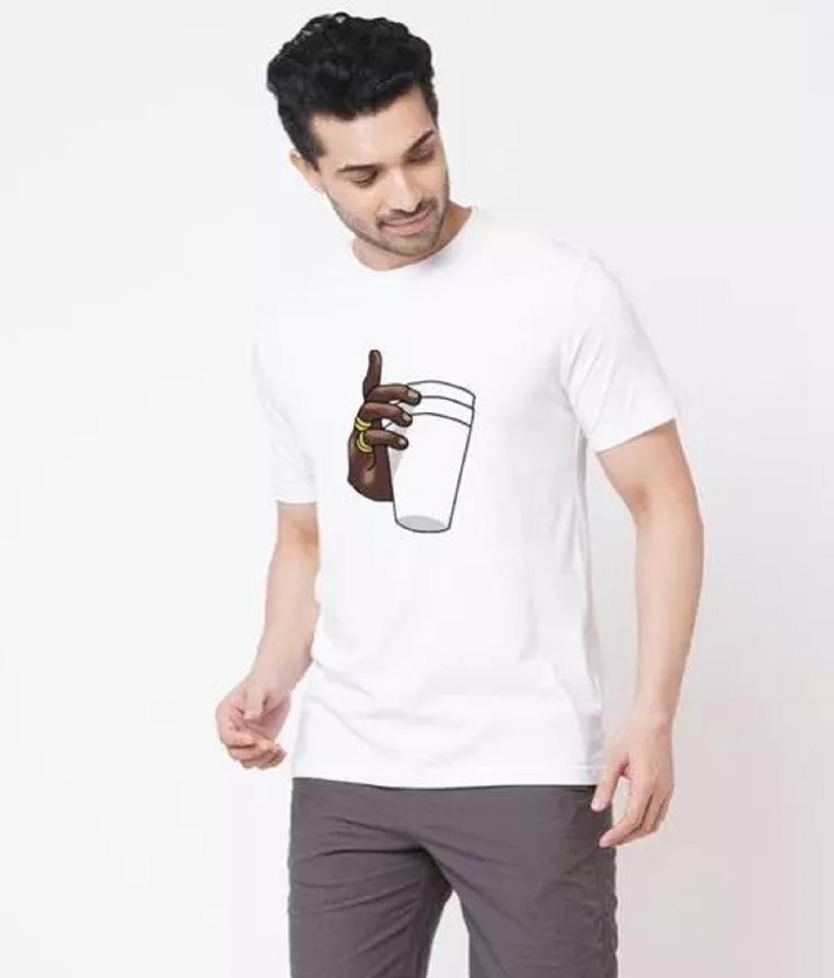 Trending Cup In Hand MC Stan Style Printed White Round Neck T-Shirt for Men | Half Sleeves Polyester Tee