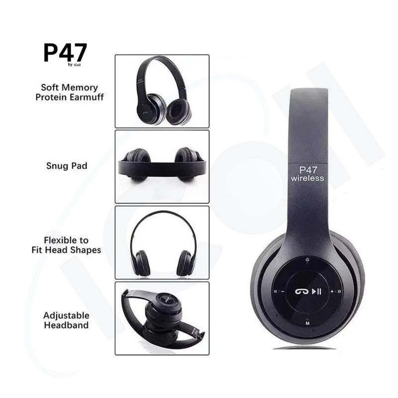 P47 Wireless Bluetooth Headphones | Deep Bass | Foldable Design | Built-in Mic | All-Day Comfort & Noise Isolation