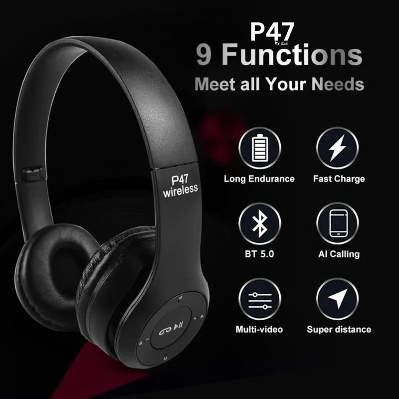 P47 Wireless Bluetooth Headphones | Deep Bass | Foldable Design | Built-in Mic | All-Day Comfort & Noise Isolation