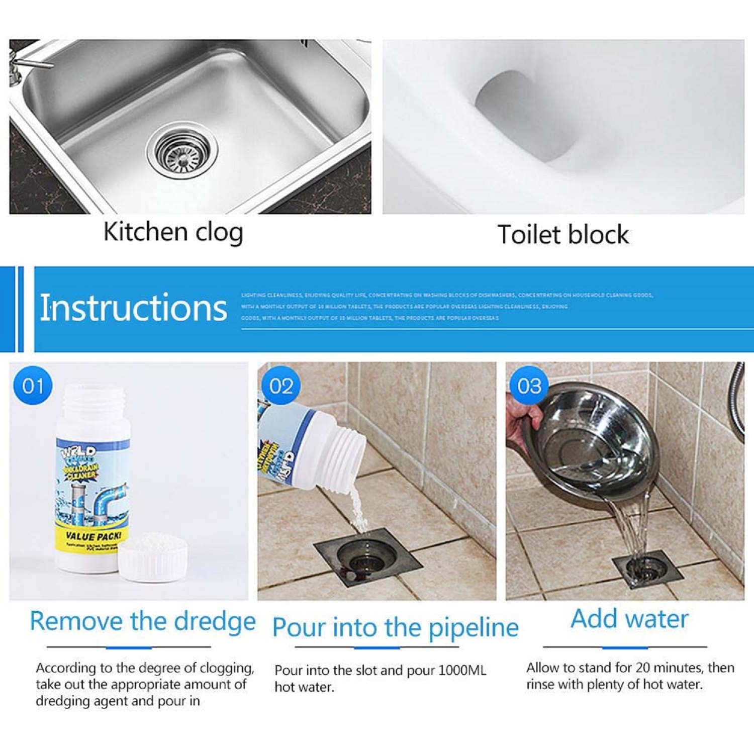 Sink & Drain Cleaner Powder  Powerful & Clog Remover Sink Cleaning Powder Automatic Toilet Blockage Cleaner, Removes Clogs, Blockage in Washbasin, Septic Tank, Sinks, Pipes