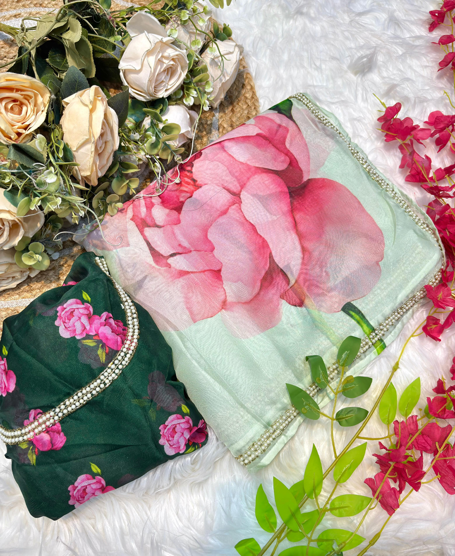 Pure Tabby Silk Green Floral Printed Sar...