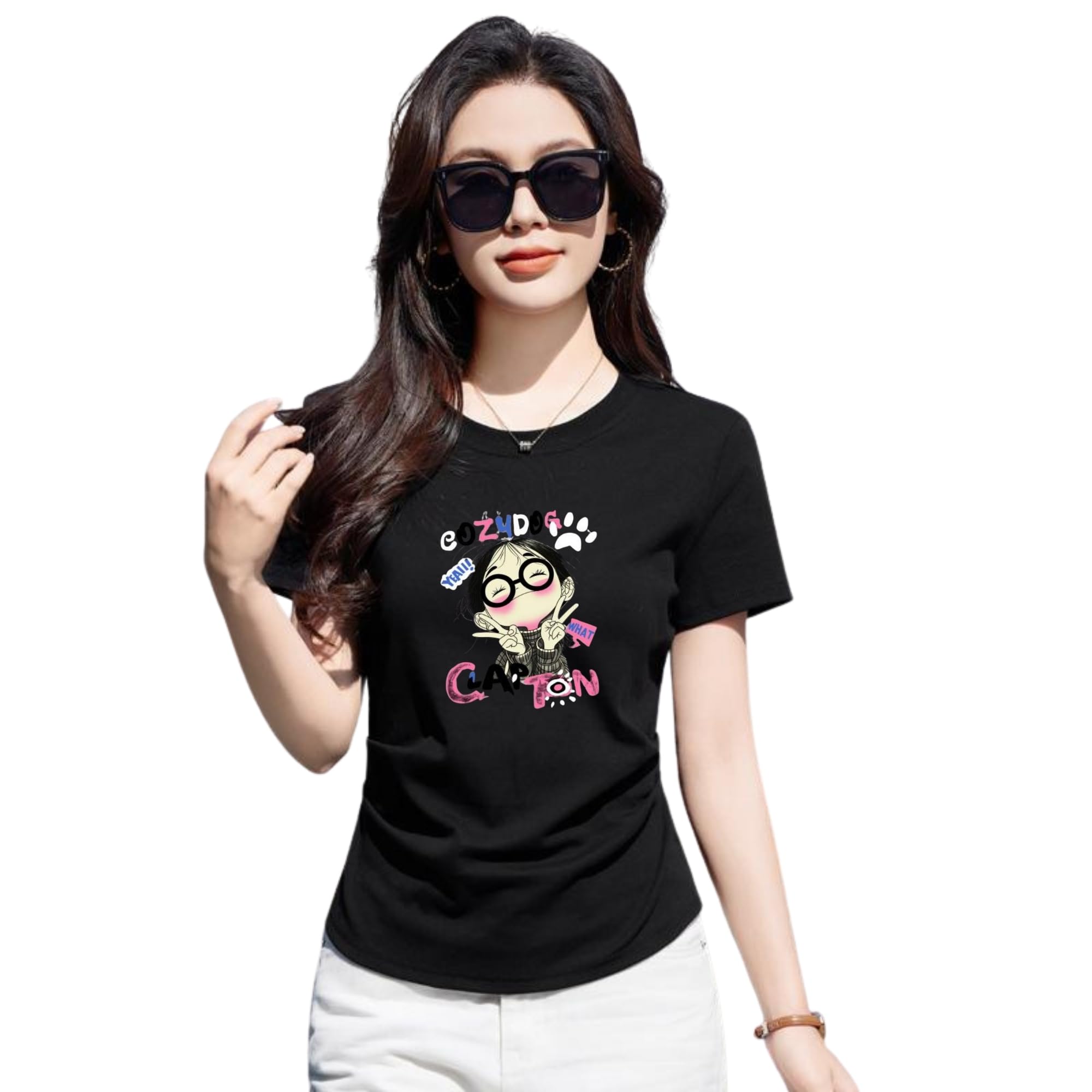 Graphic T-Shirt,Black Cotton Top, Casual Short Sleeve for Girls