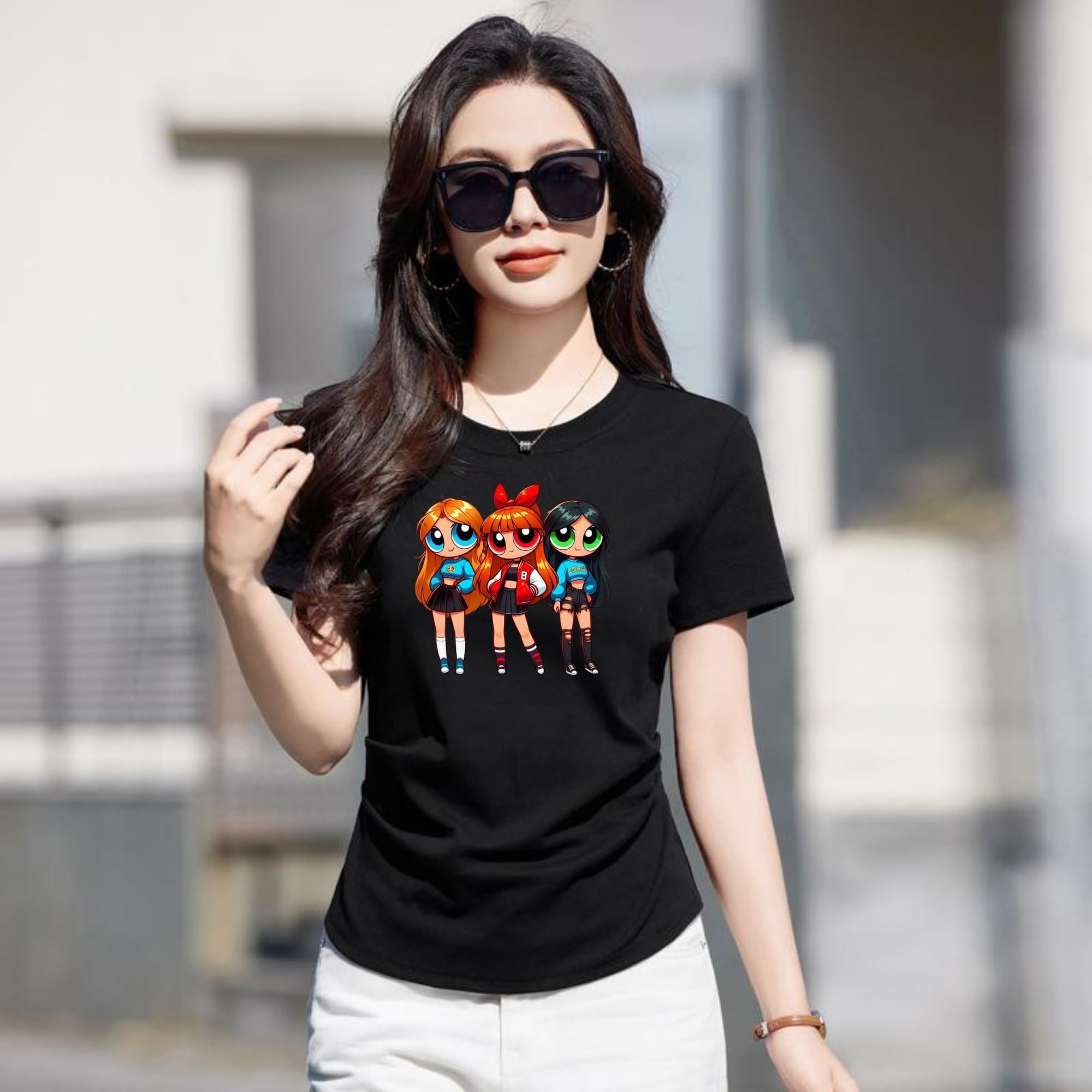 Graphic T-Shirt, Black Cotton Top, Casual Short Sleeve for Girls