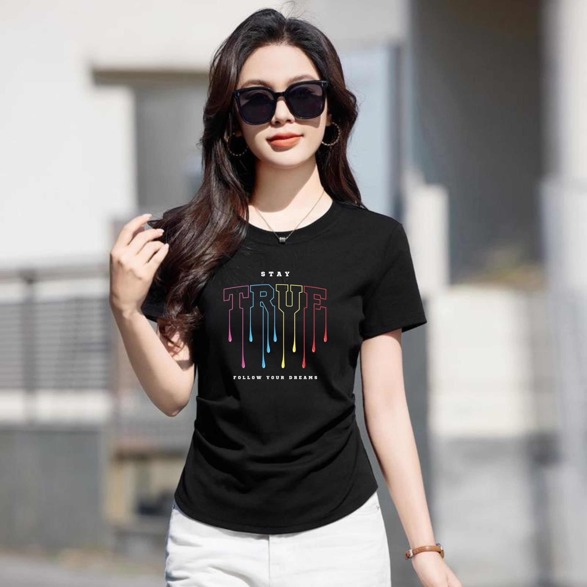 Graphic T-Shirt, Black Cotton Top, Casual Short Sleeve for Girls