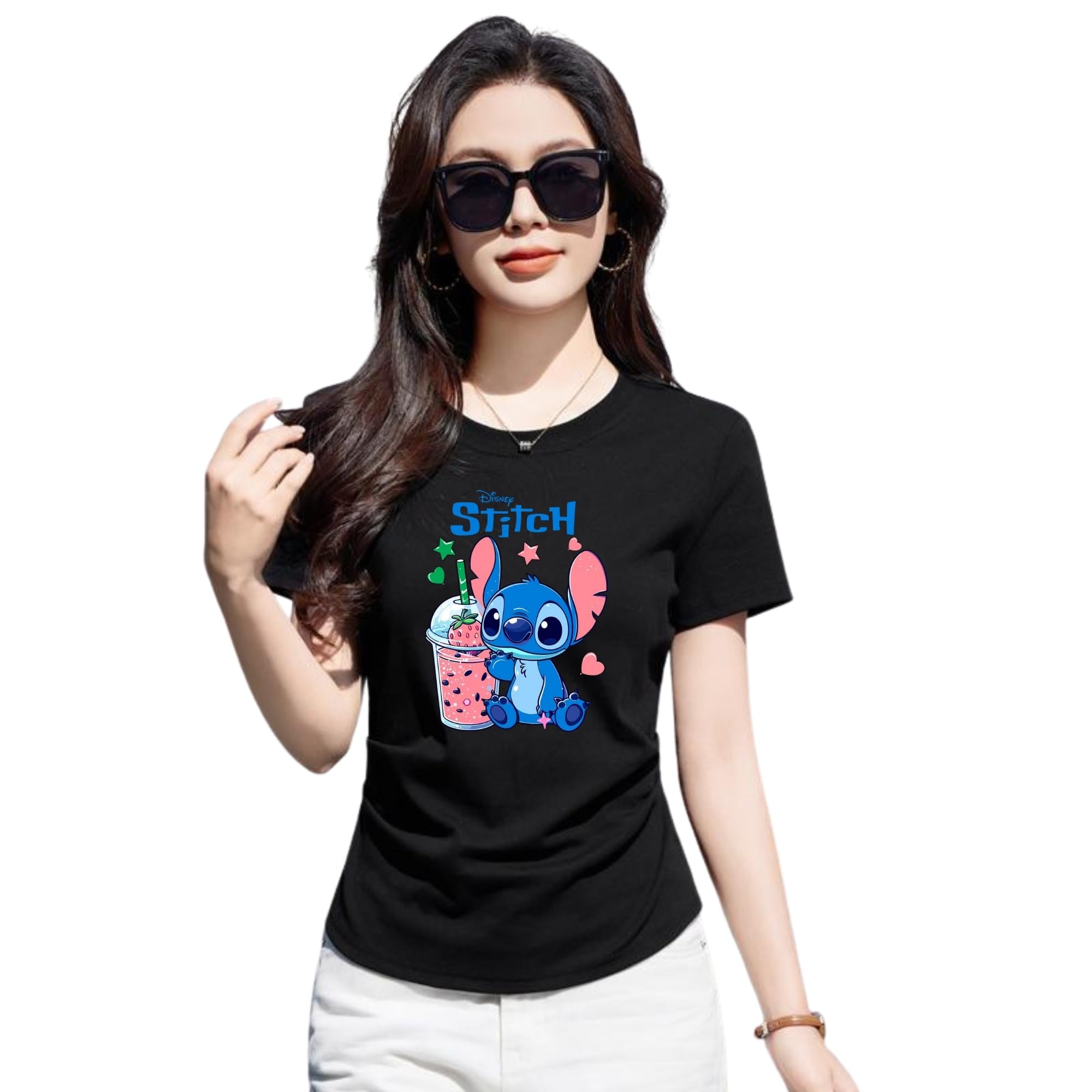 Graphic T-Shirt, Black Cotton Top, Casual Short Sleeve for Girls