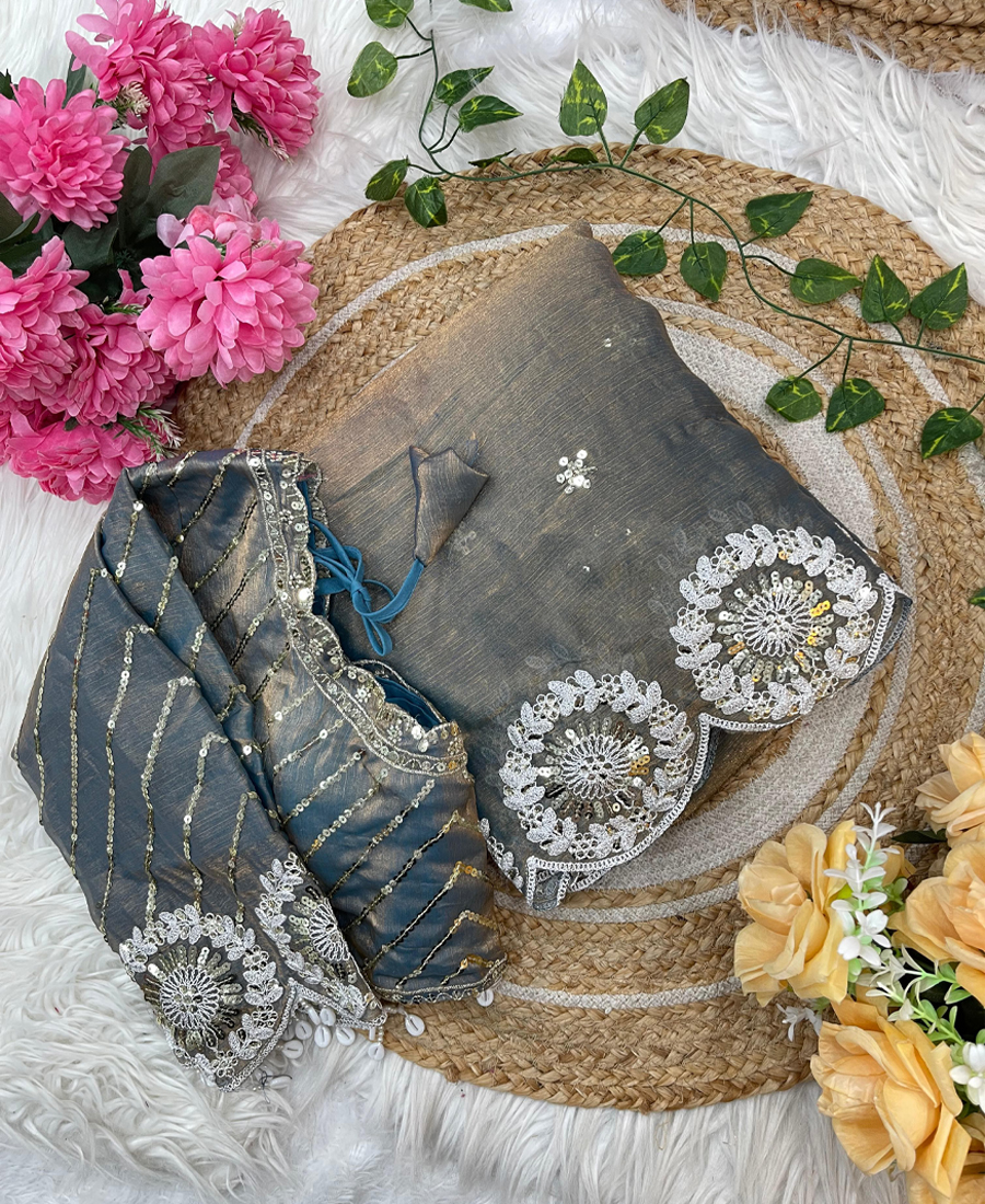 Grey Chiffon Silk Embroidery Saree in Bo...