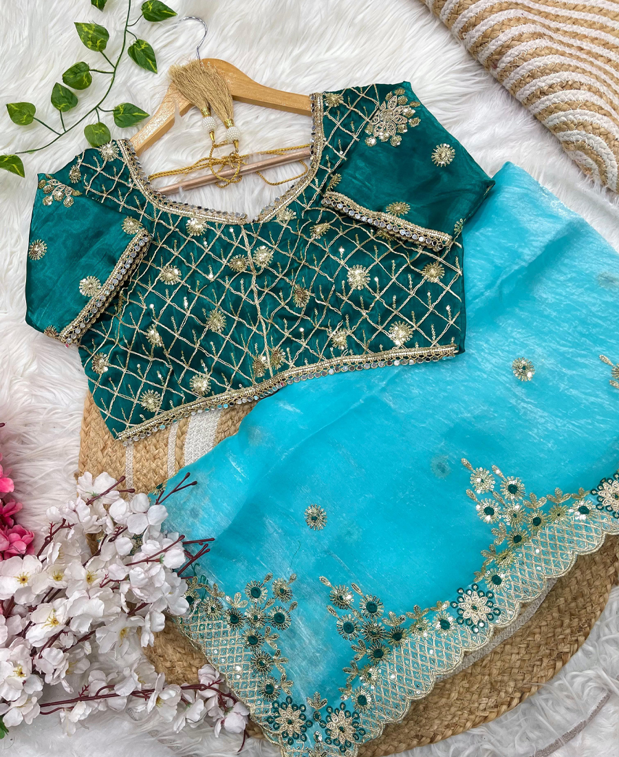 New Satin Silk Firozi Heavy Embroidery S...