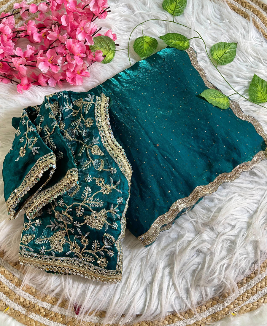 Teal Blue Satin Silk Saree with Fancy Di...
