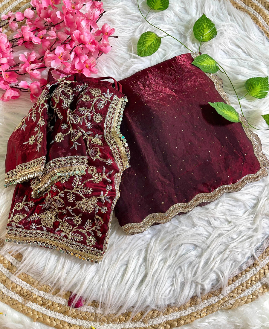 Maroon Satin Silk Saree with Fancy Diamo...