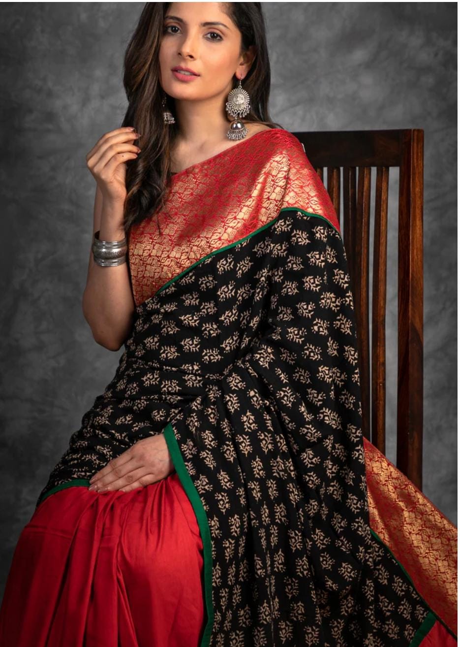 Pure Cotton Ajrak Print Saree with Rich Red Zari Pallu