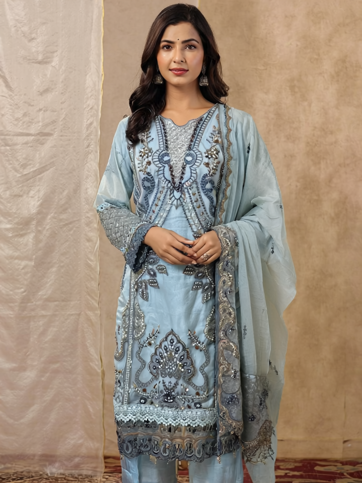 Sky Blue Embroidered Kurta Suit Set with...