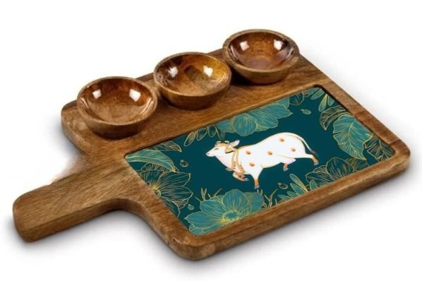 Rectangular Mango Wood Serving Tray With Three Bowl Combo For Snacks