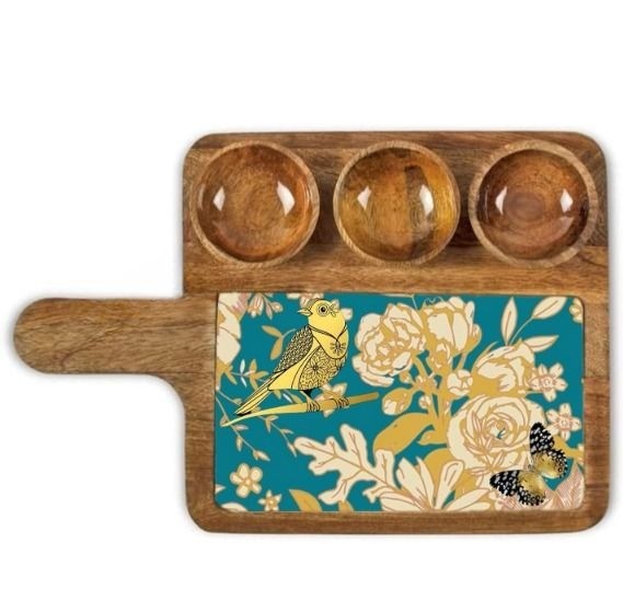 Handcrafted Mango Wood Printed Serving Platter With Three Bowl Set