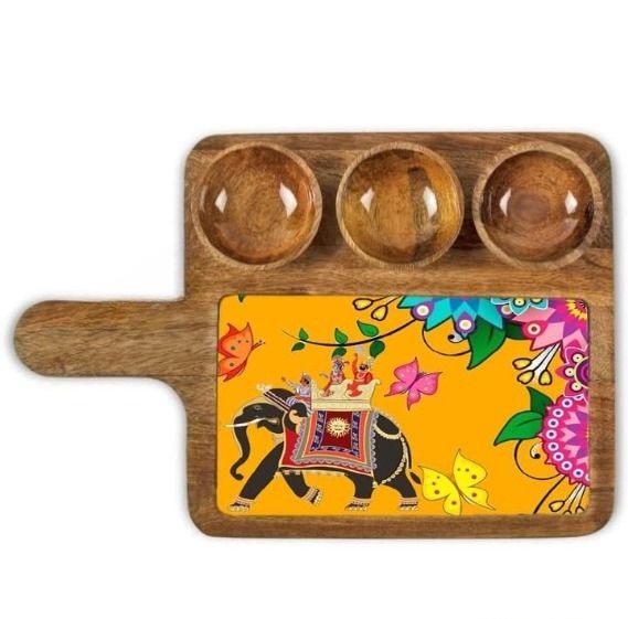 Modern Mango Wood Snack Serving Tray With Handle And Three Bowls